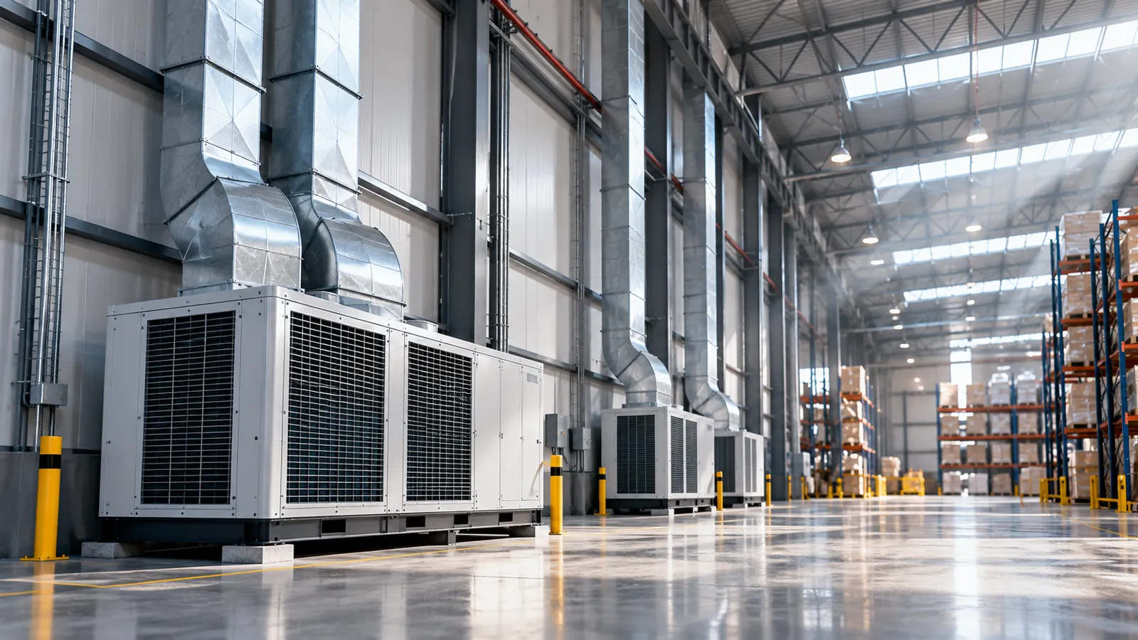 Climatização industrial instalada em galpão logístico de grande porte