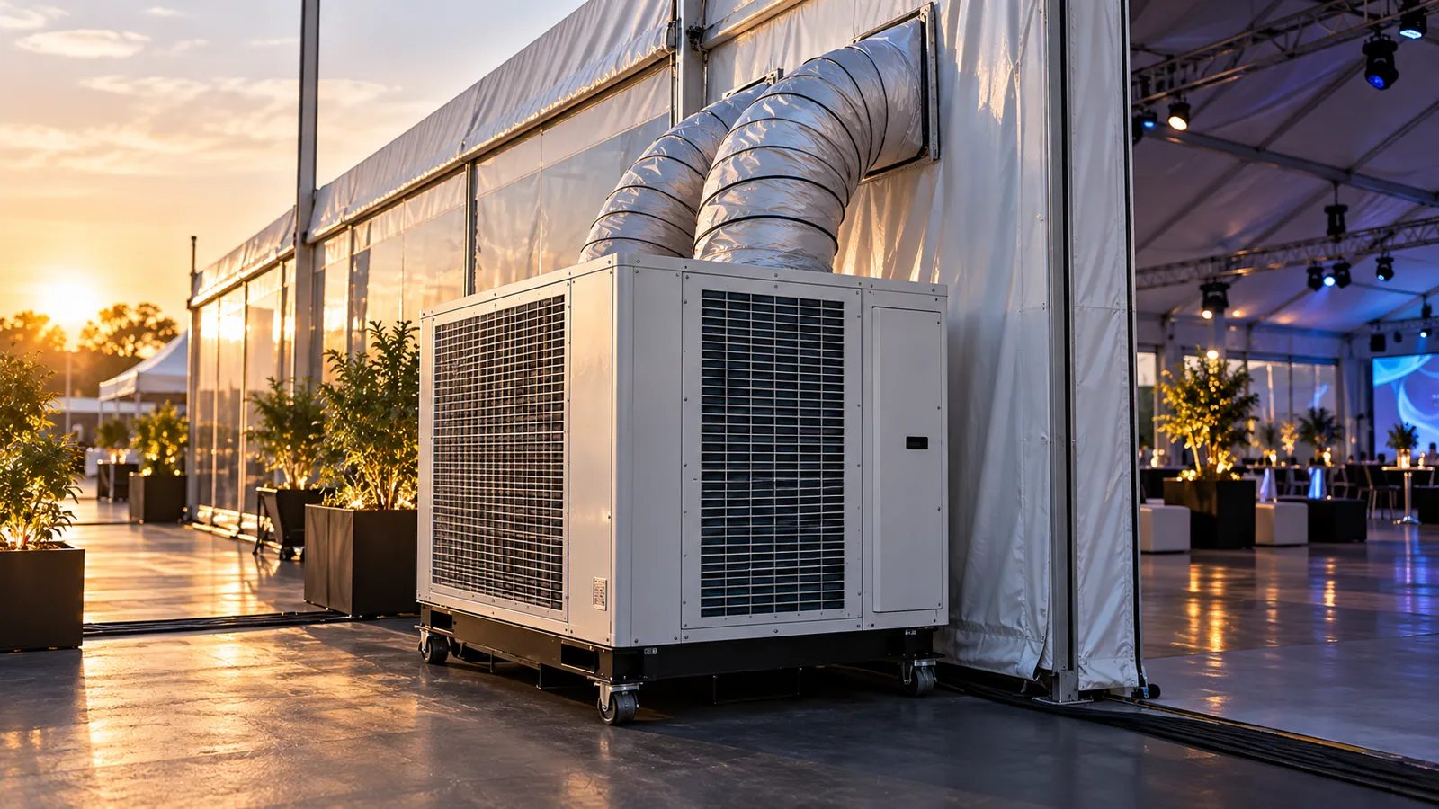 Equipamento de climatização móvel ligado por dutos a uma tenda de evento