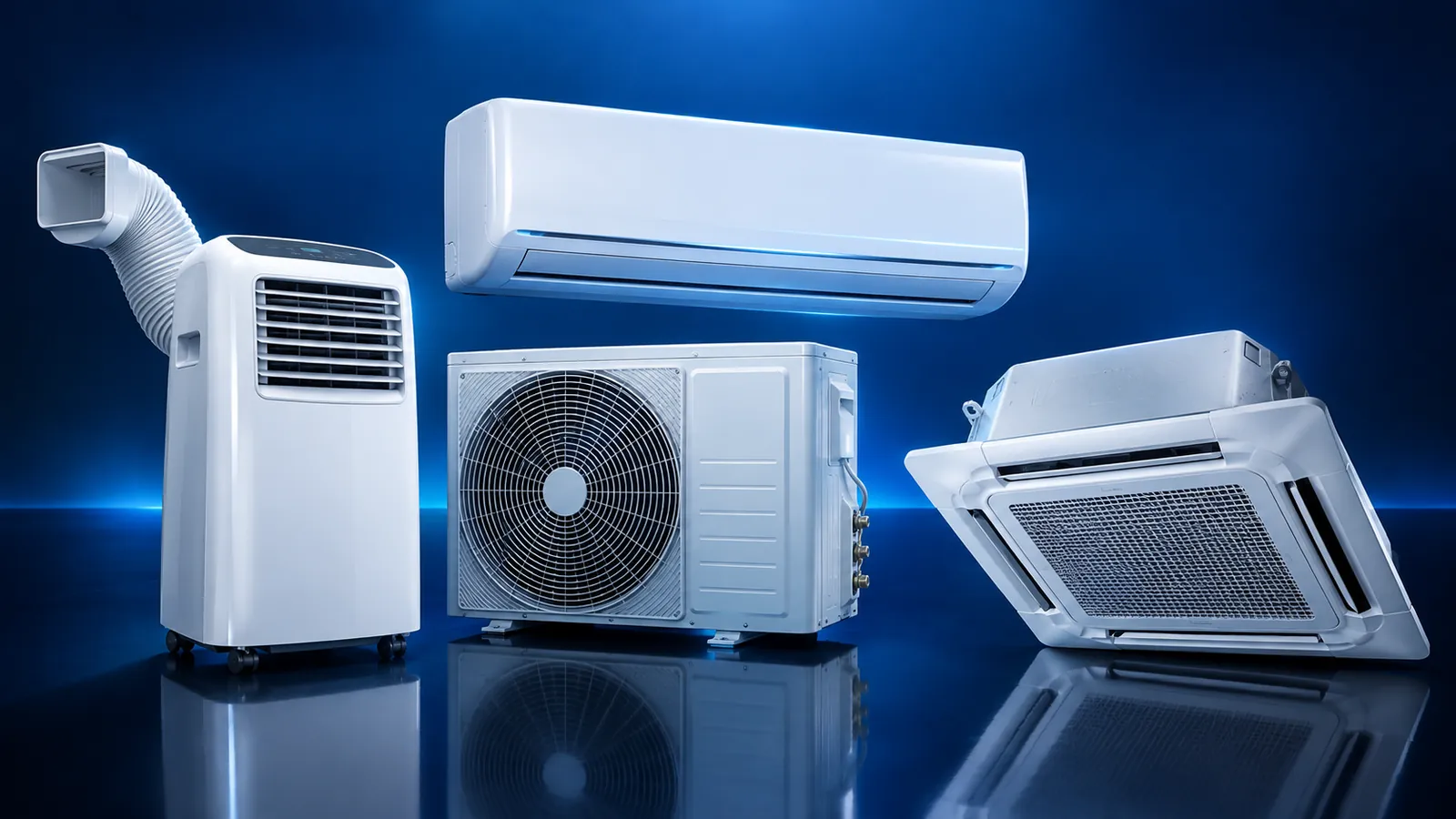 Equipamentos de ar-condicionado para locação: portátil, split, condensadora e cassete