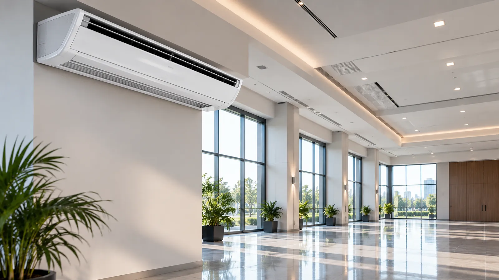 Ar-condicionado piso-teto instalado em salão de eventos de pé-direito alto